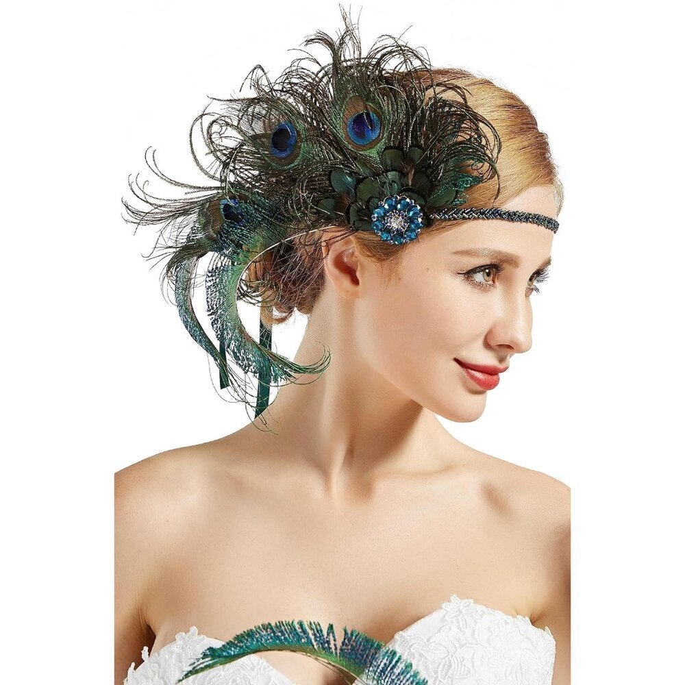 1920s Flapper Peacock Feather Headband Beaded Hair Accessories for Gatsby